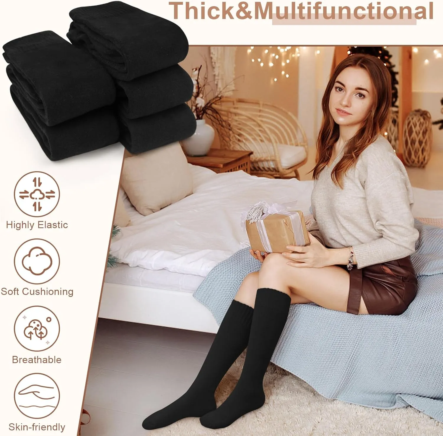 YSense Warm Knee High Socks for Women 5 Pairs, Thermal Womens Cotton Long Casual Thick Winter Gifts Socks for Hiking Skiing