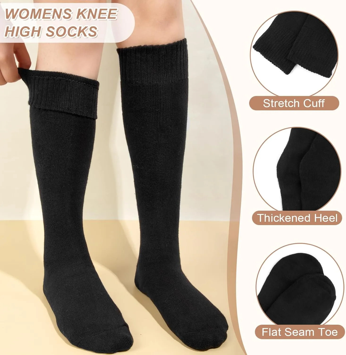 YSense Warm Knee High Socks for Women 5 Pairs, Thermal Womens Cotton Long Casual Thick Winter Gifts Socks for Hiking Skiing