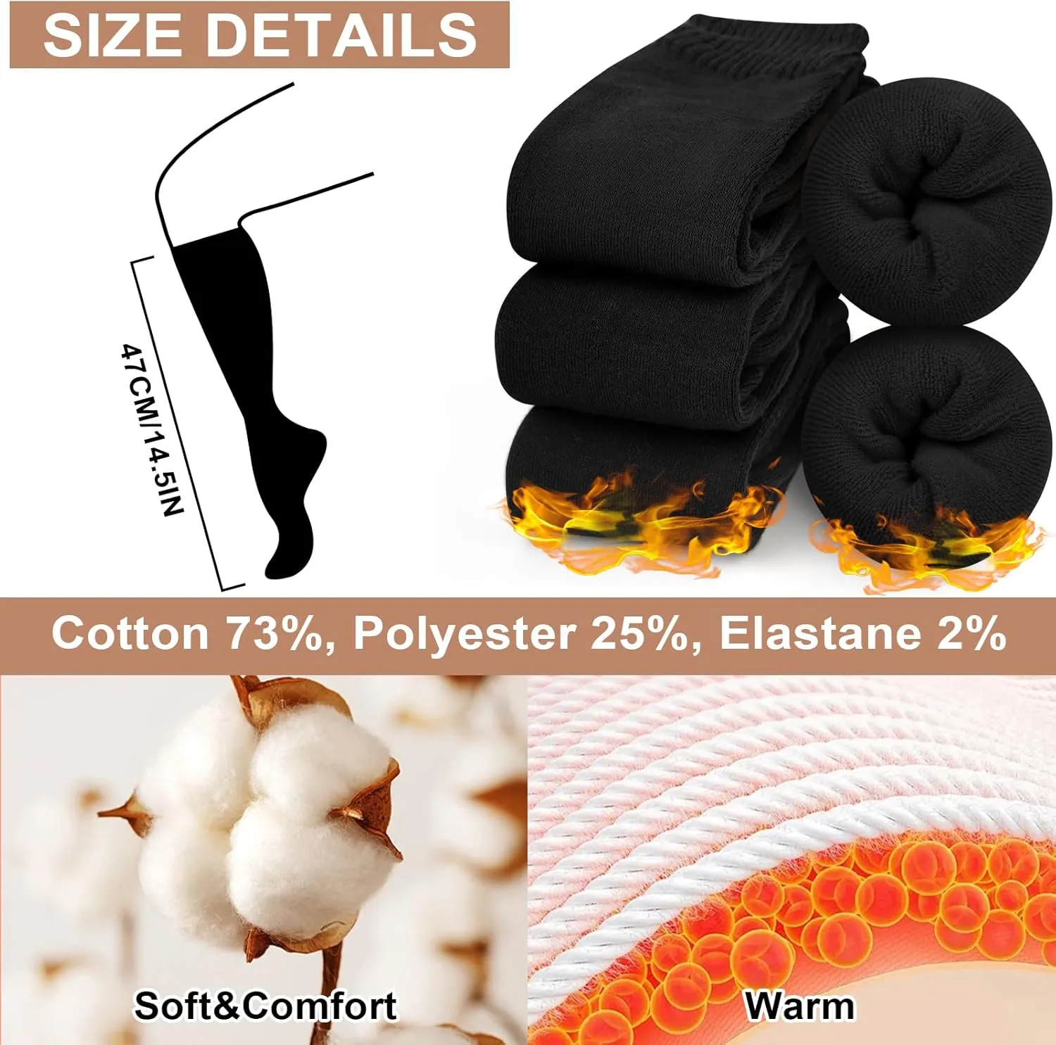 YSense Warm Knee High Socks for Women 5 Pairs, Thermal Womens Cotton Long Casual Thick Winter Gifts Socks for Hiking Skiing