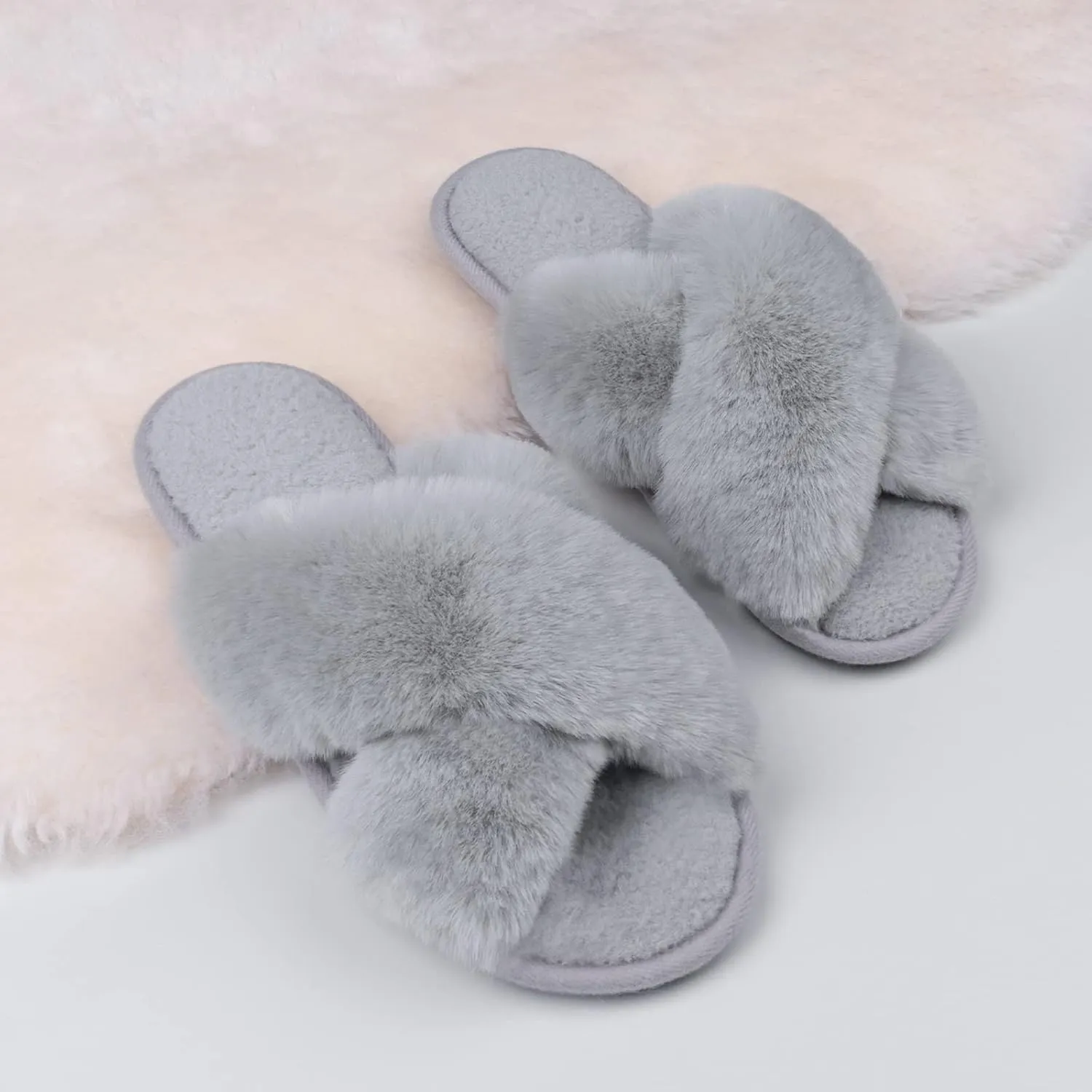 Zizor Women's Open Toe Fluffy Slippers with Memory Foam, Ladies' Cross Band House Shoes, Faux Fur Slip on Home Slippers for Indoor Outdoor