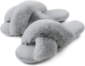 Zizor Women's Open Toe Fluffy Slippers with Memory Foam, Ladies' Cross Band House Shoes, Faux Fur Slip on Home Slippers for Indoor Outdoor