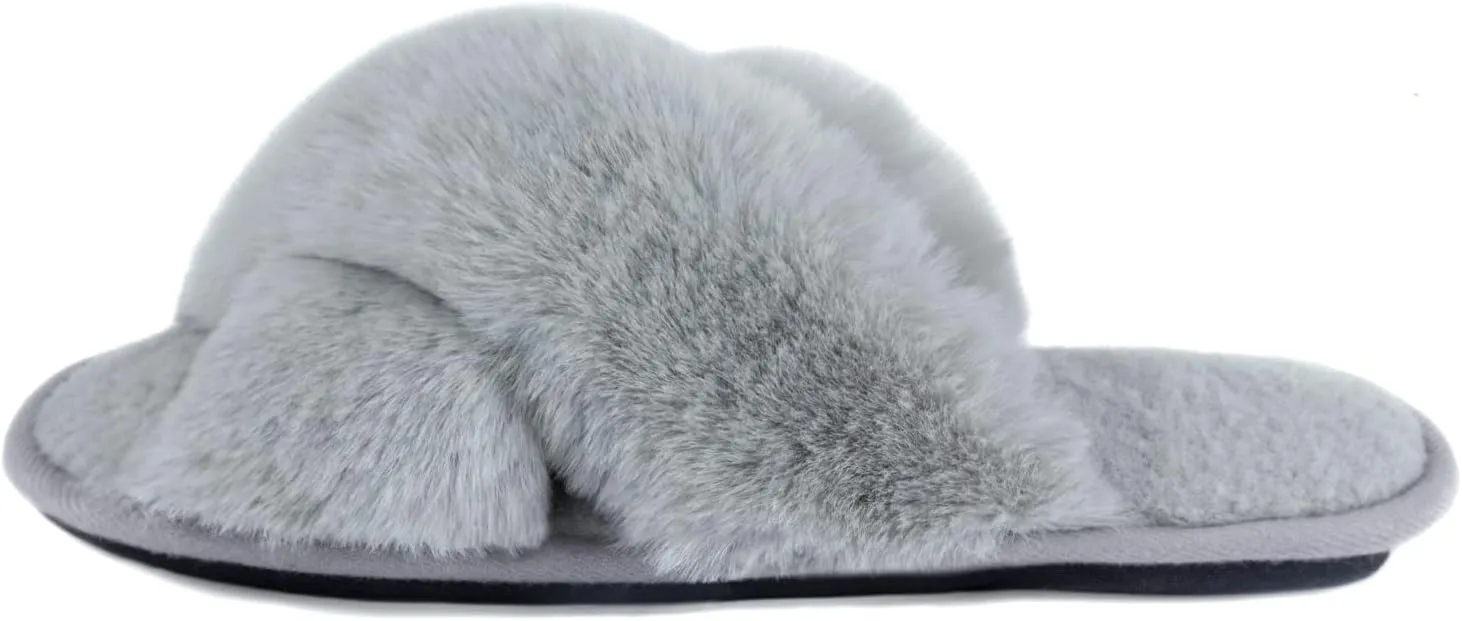Zizor Women's Open Toe Fluffy Slippers with Memory Foam, Ladies' Cross Band House Shoes, Faux Fur Slip on Home Slippers for Indoor Outdoor