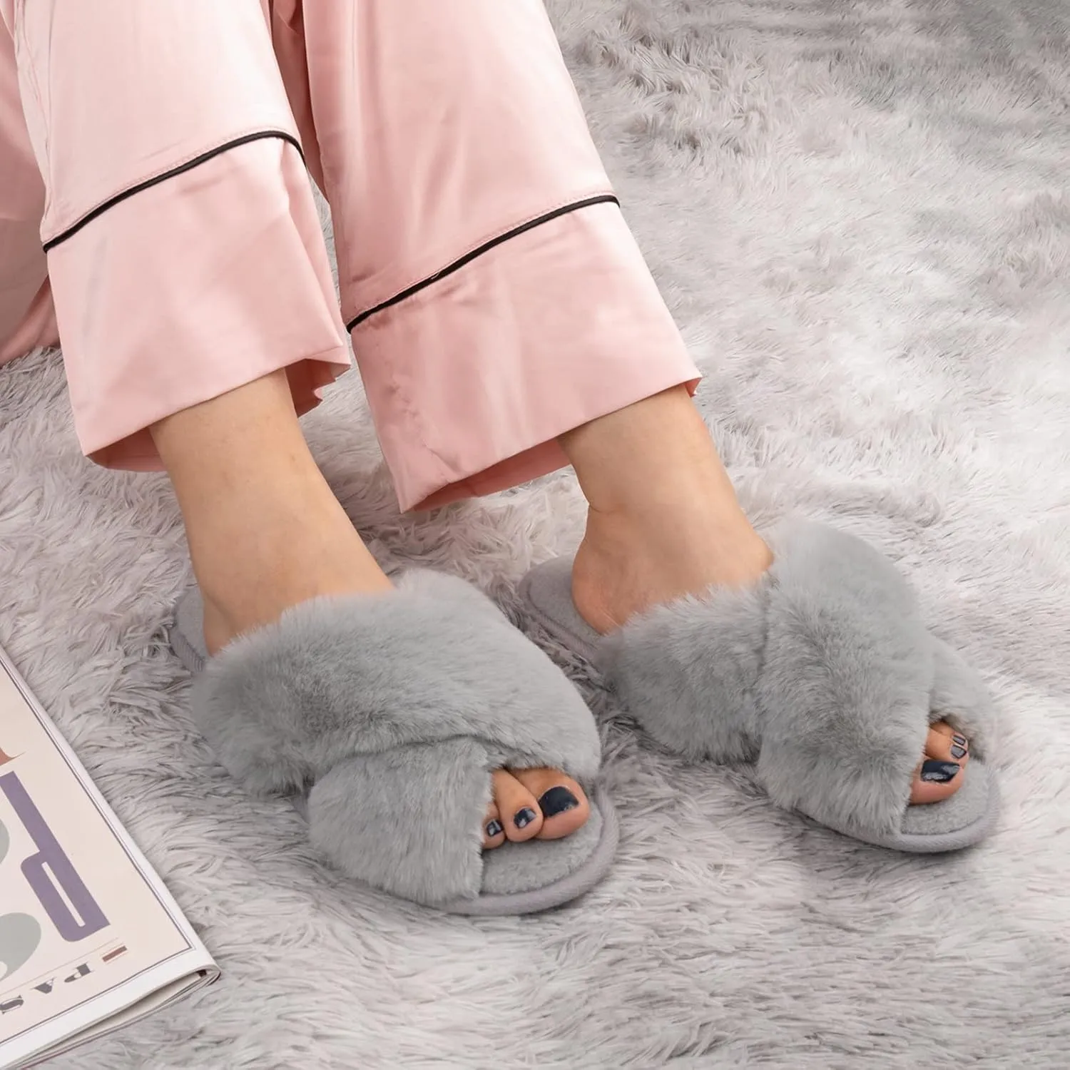 Zizor Women's Open Toe Fluffy Slippers with Memory Foam, Ladies' Cross Band House Shoes, Faux Fur Slip on Home Slippers for Indoor Outdoor